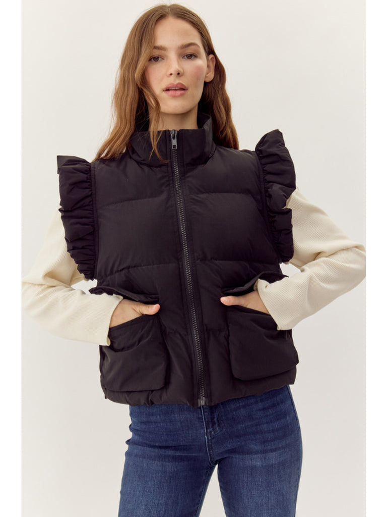 Solid puffer vest with ruffly sleeves - See Colors