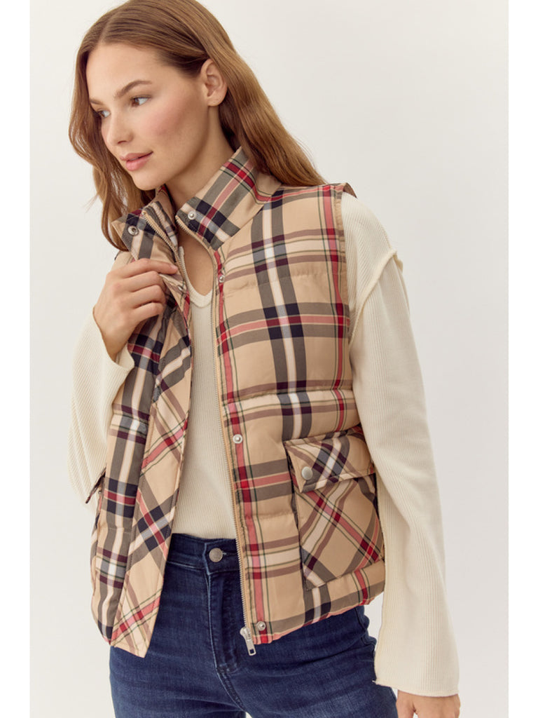 Plaid Check Print Padded Vest