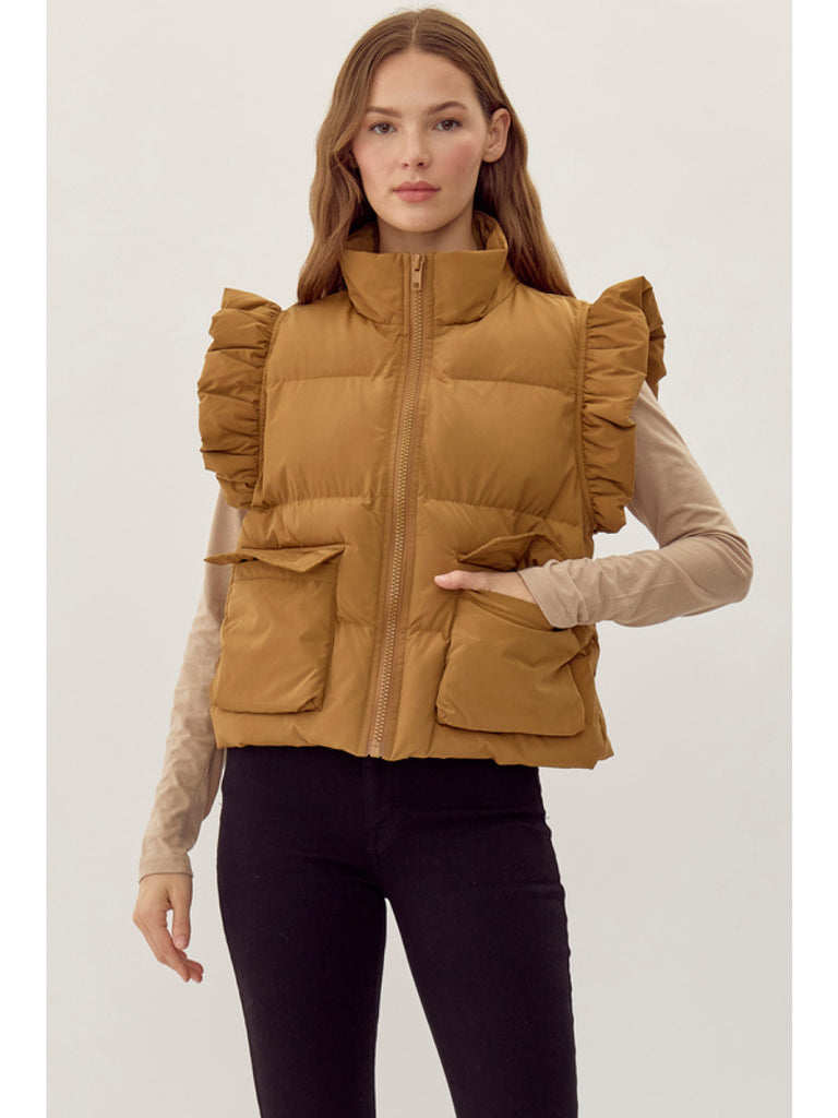 Solid puffer vest with ruffly sleeves - See Colors