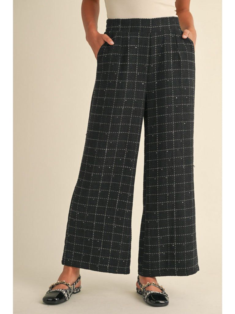 Tweed check pants with back stretch-band waistline