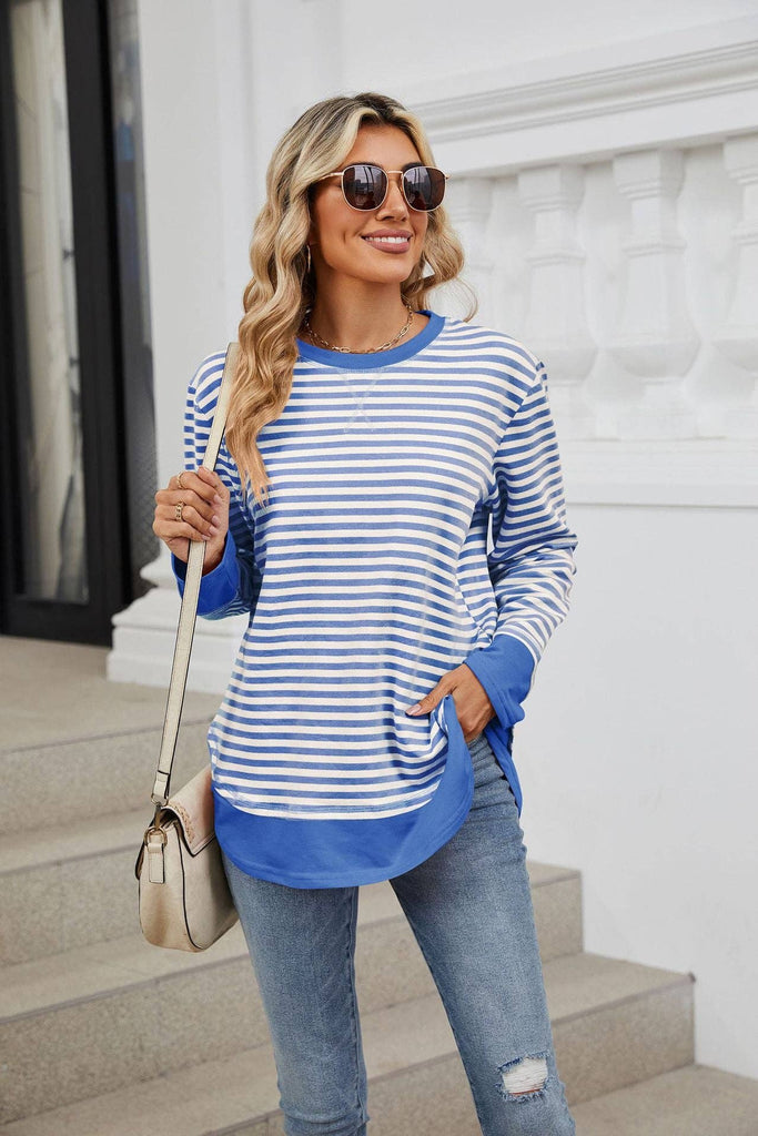 Striped Contrast Color Crew Neck Loose Long Sleeve Sweater - Blue and white stripes