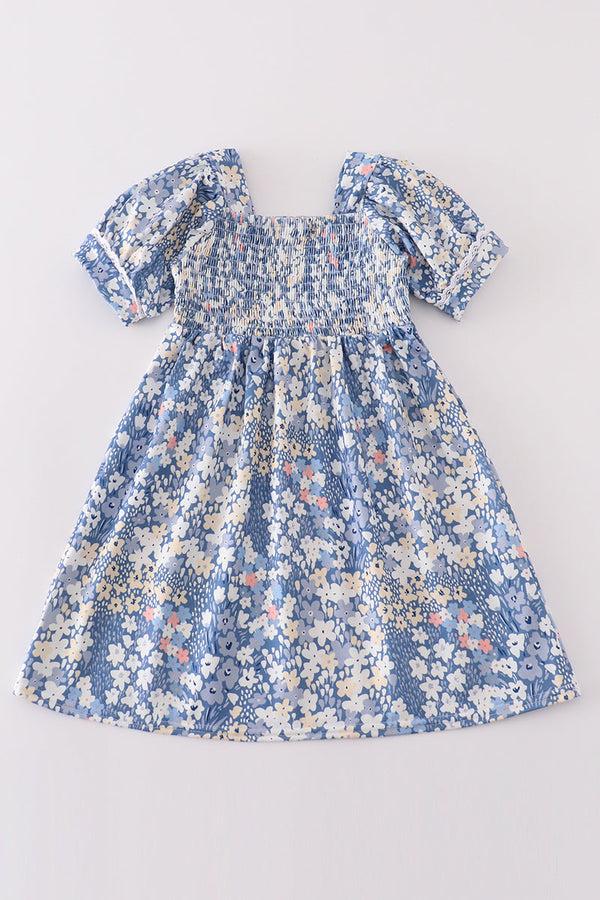 Blue Delicate Floral Smocked Dress