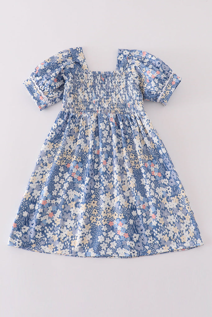 Blue Delicate Floral Smocked Dress