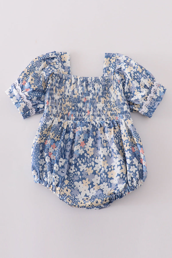 Blue Delicate Floral Smocked Bubble