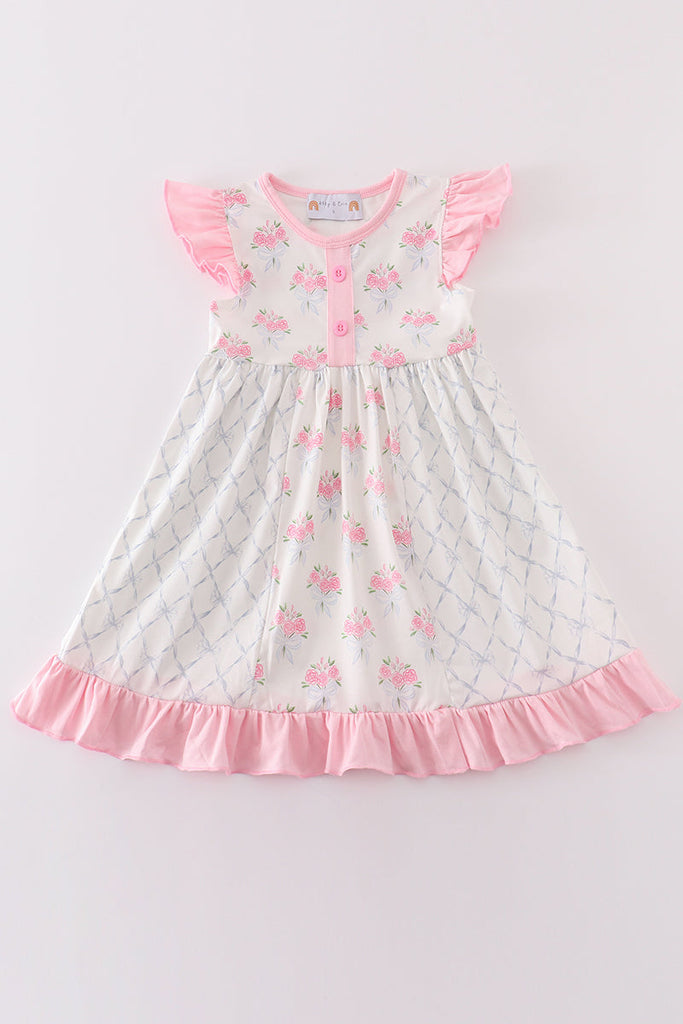 Pink Floral Bow Tie Print Girl Dress