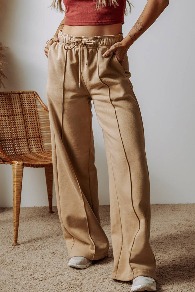 Cozy High Waist Wide Leg Pants - Beige