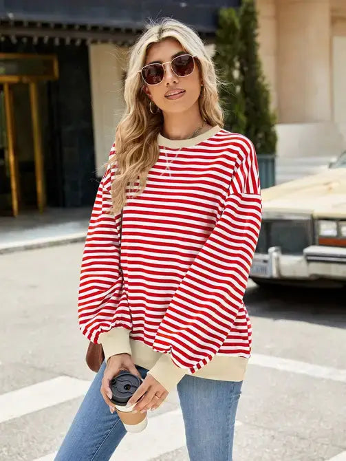 Striped Sweater with Colorblock Design - Red and white stripes