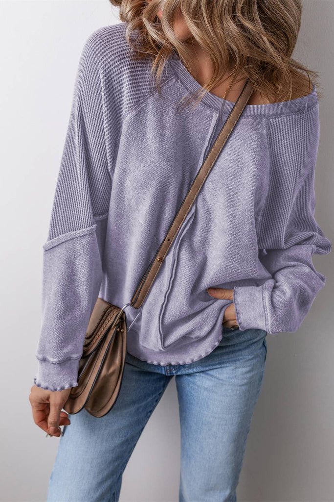 Waffle Knit Patchwork Exposed Seam Raglan Sweatshirt: Purple