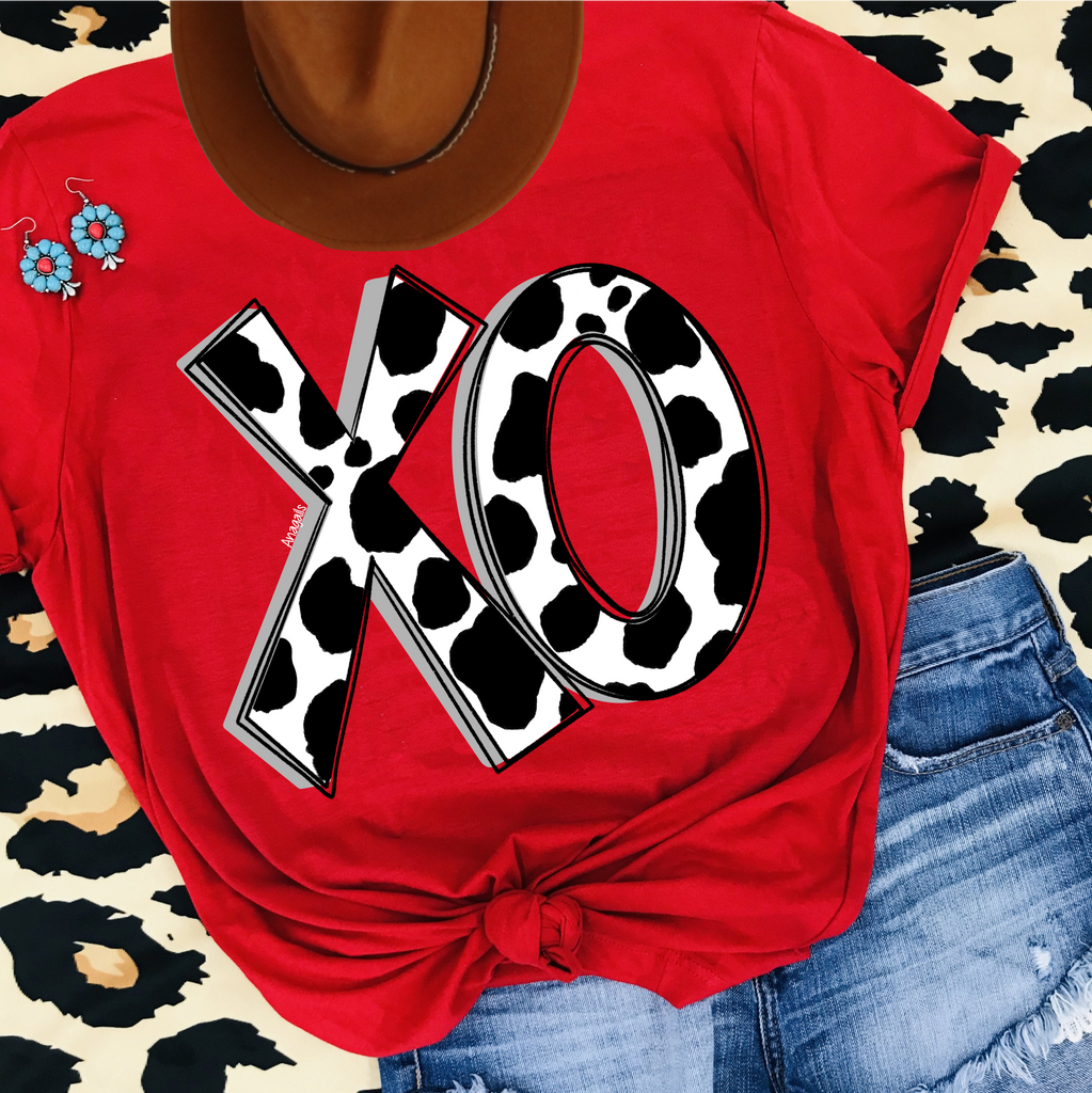 XO Cow Print on Red Tee