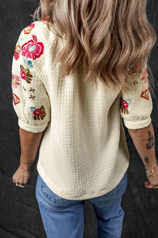 Chic Floral Embroidered Ricrac V Neck Blouse