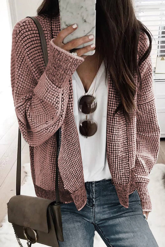 Plaid Contrast Trim Open Front Cardigan - Pink