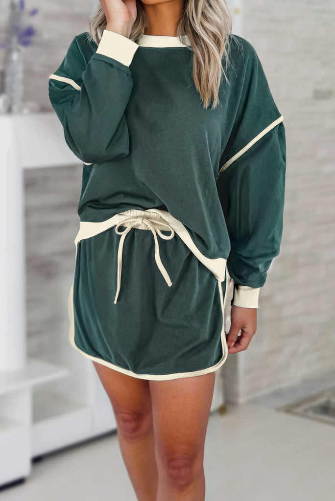 Colorblock Loose Fit Pullover & Skirt Set