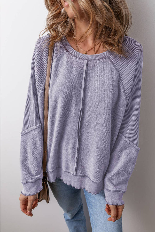 Waffle Knit Patchwork Exposed Seam Raglan Sweatshirt: Purple