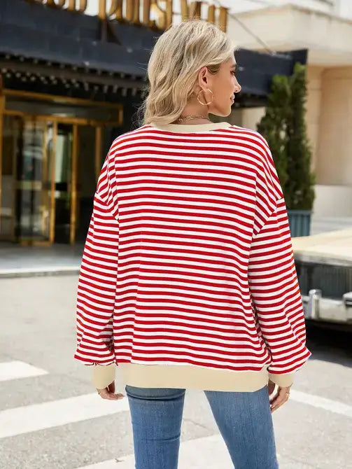 Striped Sweater with Colorblock Design - Red and white stripes