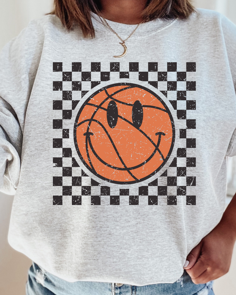 Checkered Distressed Basketball Crewneck Pullover: Ash