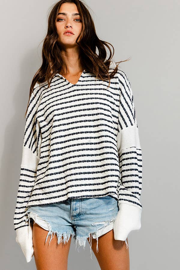 BUCKETLIST -  Spread collared Neck Stripe Top