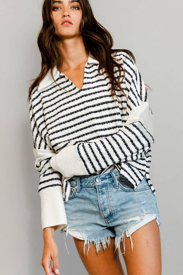 BUCKETLIST -  Spread collared Neck Stripe Top