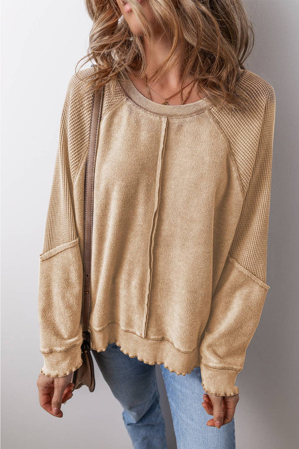 Waffle Knit Patchwork Exposed Seam Raglan Sweatshirt: Beige