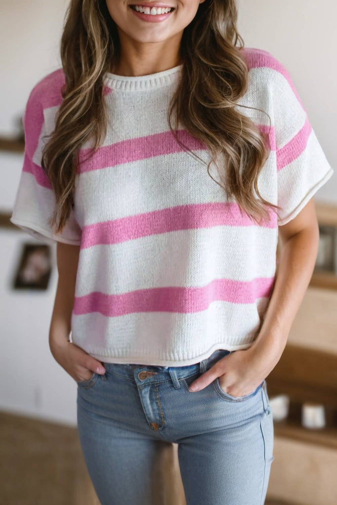 Pink Stripe Print Short Sleeve Knitted Top