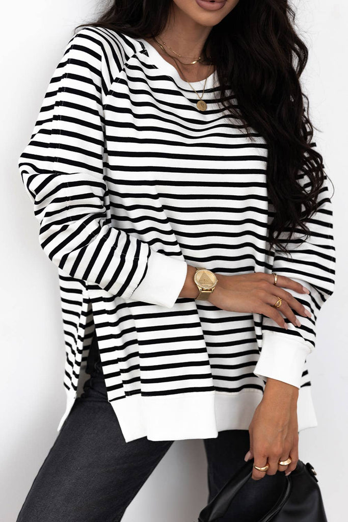 Classic Stripe Side Slits Loose Sweatshirt - Black/White