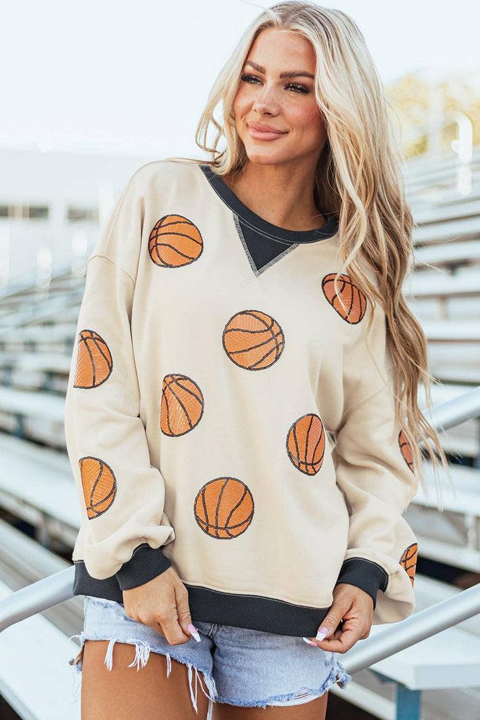 Cream Sequin Basketball Graphic Colorblock Edge Sweatshirt