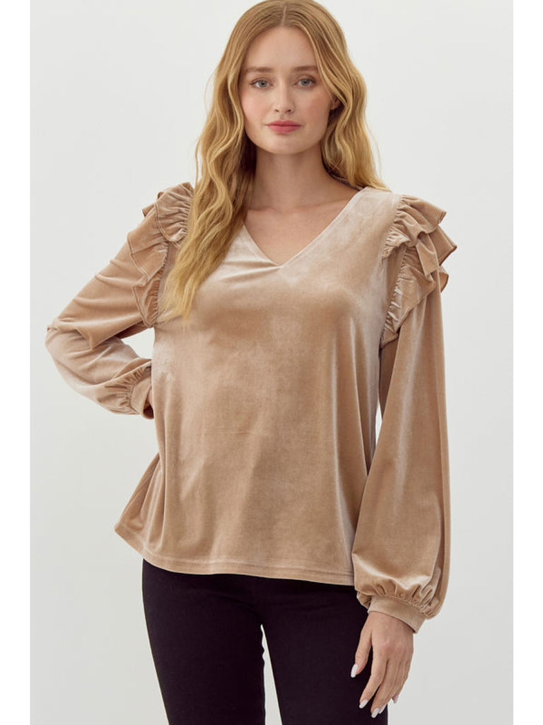 Velvet V-Neck with Ruffle trimming Shoulder - See Colors