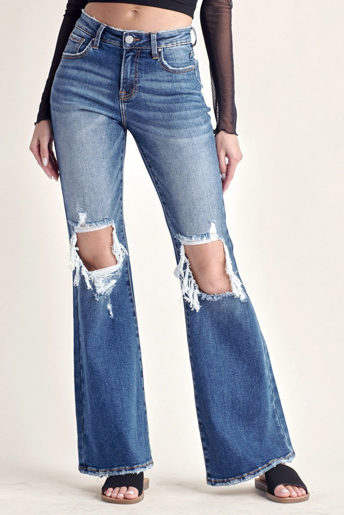 MID RISE DISTRESSED FLARE DARK JEANS