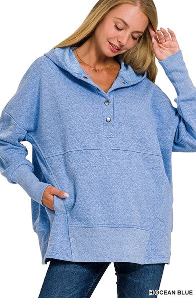 Heather Half Button Hooded Pullover -Ocean Blue