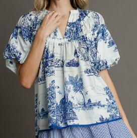 Toile Print Boxy Cut Top with Ruffle Neckline