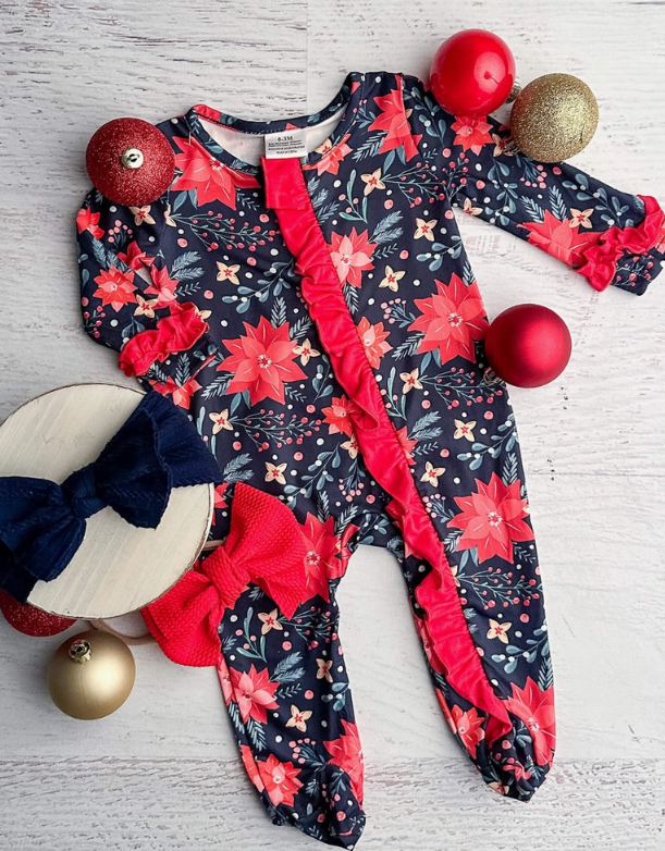 Festive Poinsettia Ruffled Footed Romper