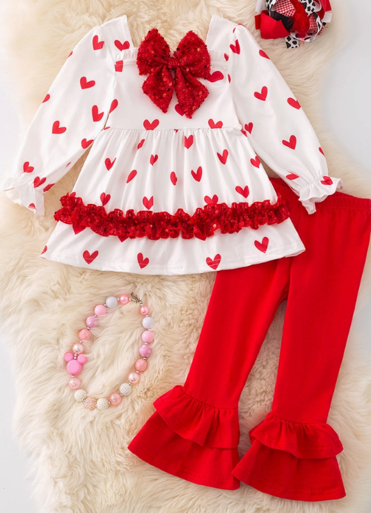 Heart Printed On White Tunic W/Red Ruffle Pants