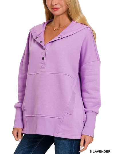 Half Button Hooded Pullover with Kangaroo Pocket