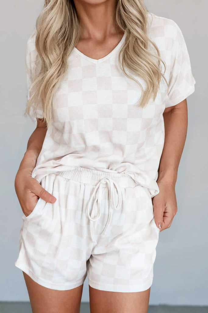 Checkered V Neck Tee Shorts Lounge Set