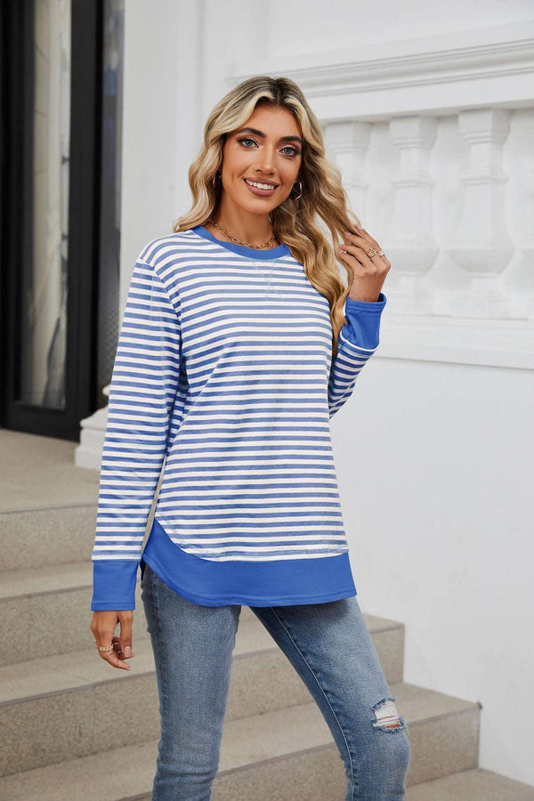 Striped Contrast Color Crew Neck Loose Long Sleeve Sweater - Blue and white stripes