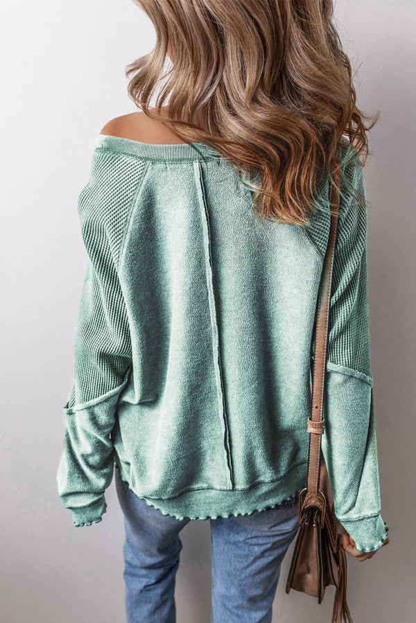 Waffle Knit Patchwork Exposed Seam Raglan Sweatshirt: Green