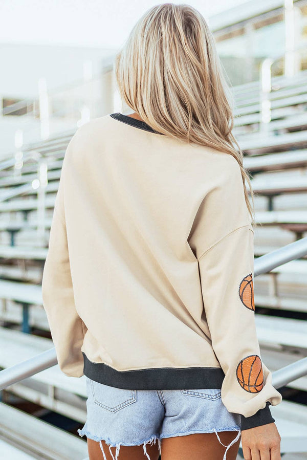 Cream Sequin Basketball Graphic Colorblock Edge Sweatshirt