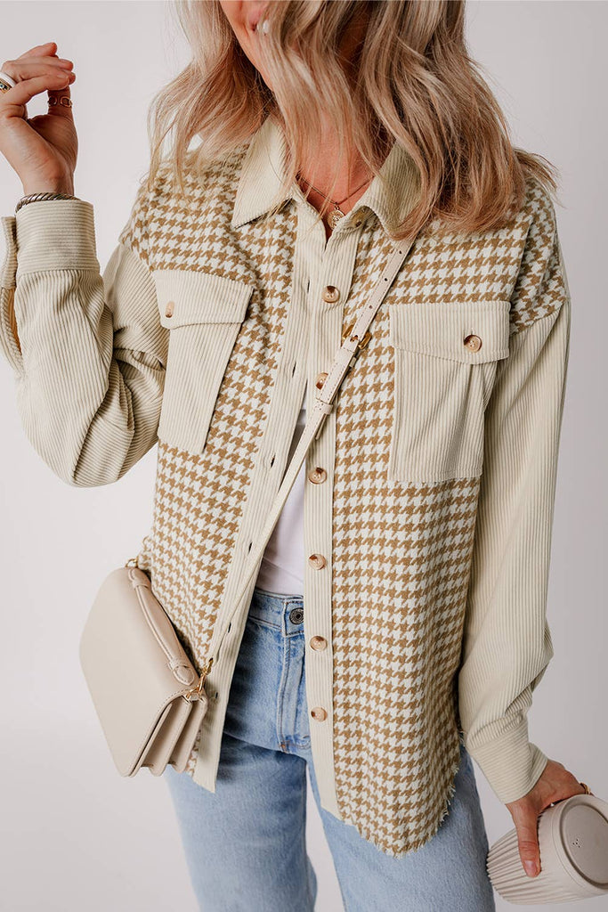 Houndstooth Corduroy Patchwork Flap Pocket Shacket