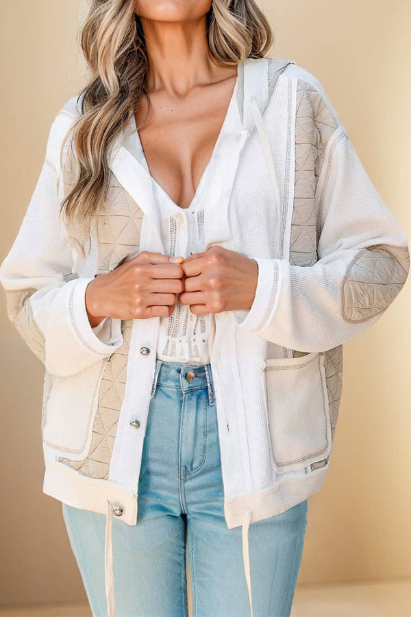 Quilted Textured Patchwork Loose Fit Hooded Jacket - Cream