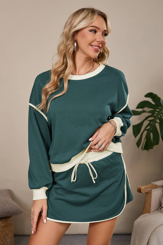 Colorblock Loose Fit Pullover & Skirt Set