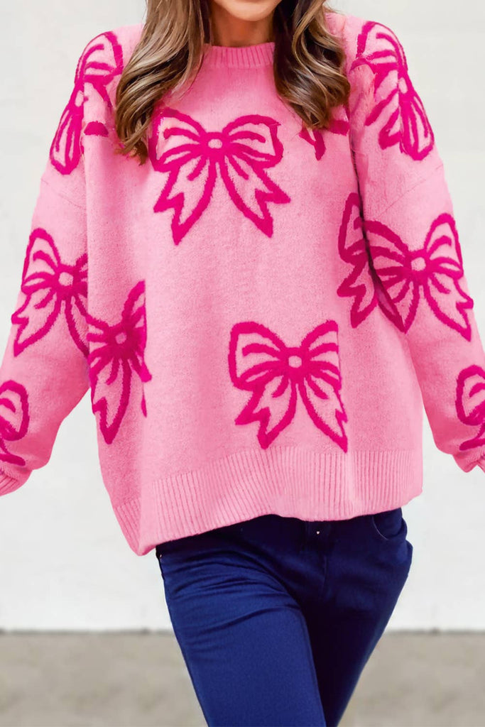 Pink Bowknot Graphic Knit Sweater