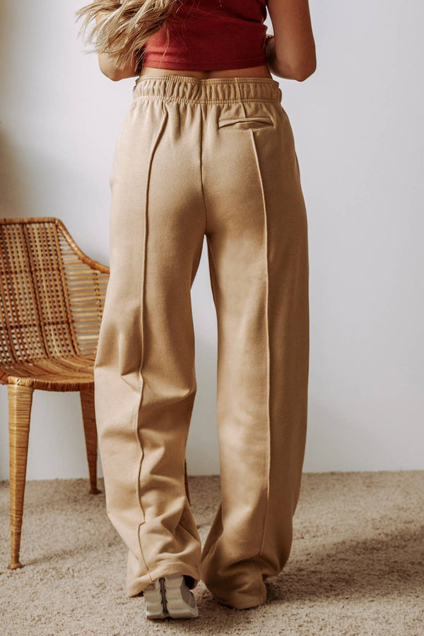 Cozy High Waist Wide Leg Pants - Beige