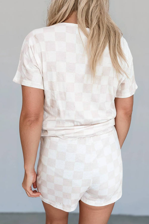 Checkered V Neck Tee Shorts Lounge Set