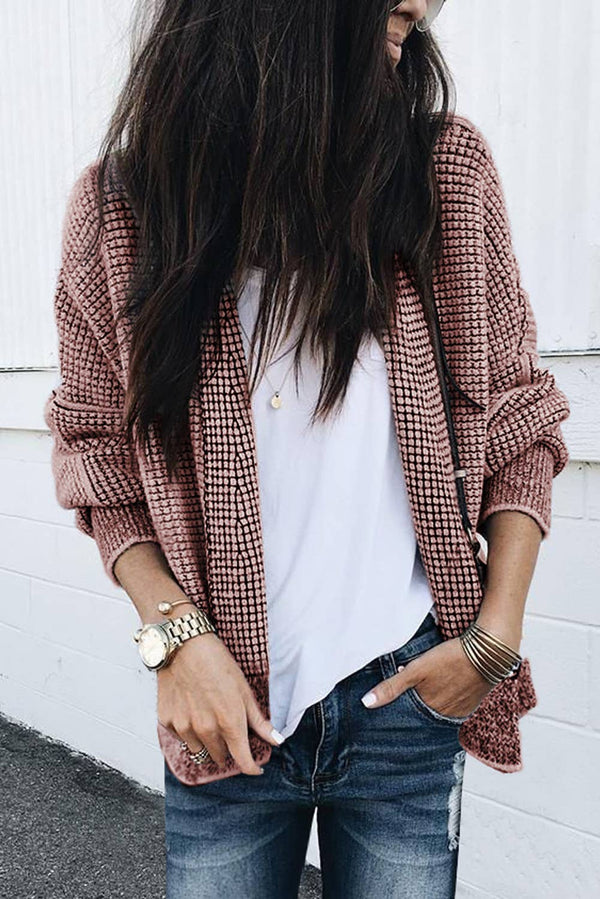 Plaid Contrast Trim Open Front Cardigan - Pink