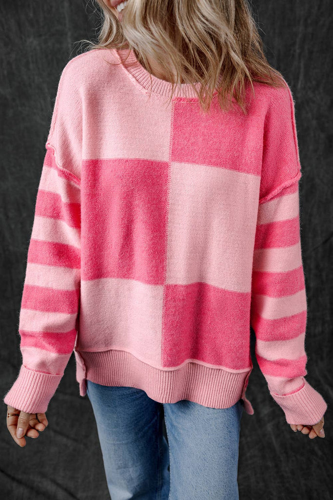 Checker Striped High Low Sweater