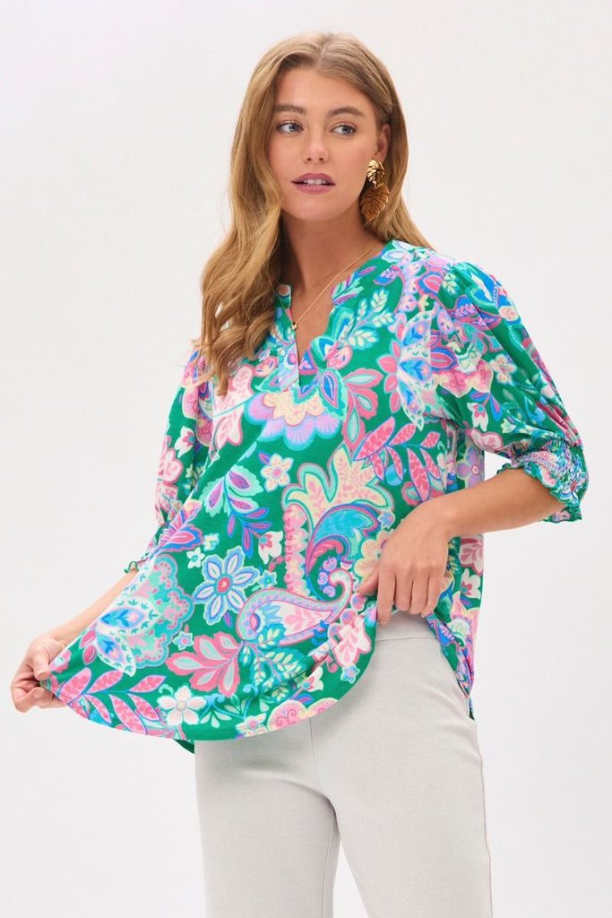 Sandie Floral print top with Smocked Sleeves