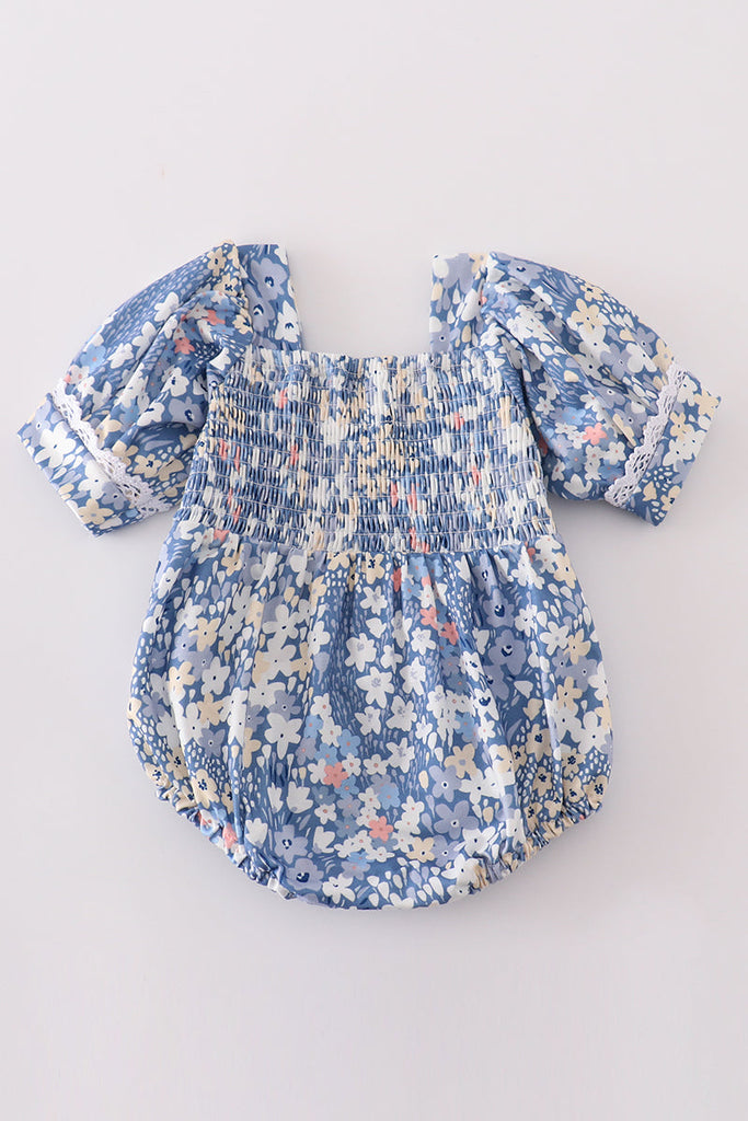 Blue Delicate Floral Smocked Bubble