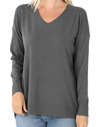 HI-LOW GARMENT DYED V-NECK FRONT SEAM SWEATER