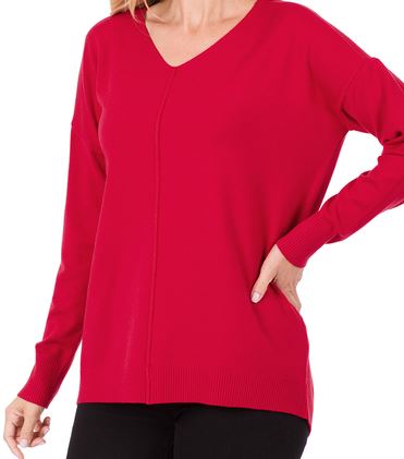 HI-LOW GARMENT DYED V-NECK FRONT SEAM SWEATER