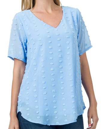 SWISS DOT SHORT SLEEVE V-NECK ROUND HEM TOP